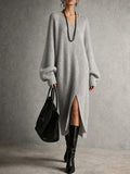 Grey Oversized Slit Knit Sweater Dress