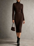 Dark Brown Ribbed Turtleneck Midi Dress