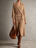 Camel Double-Breasted Knit Long Coat