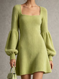Lime Green Square Neck Balloon Sleeve Knit Dress