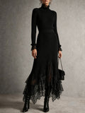 Black Lace Trim Turtleneck Knit Dress