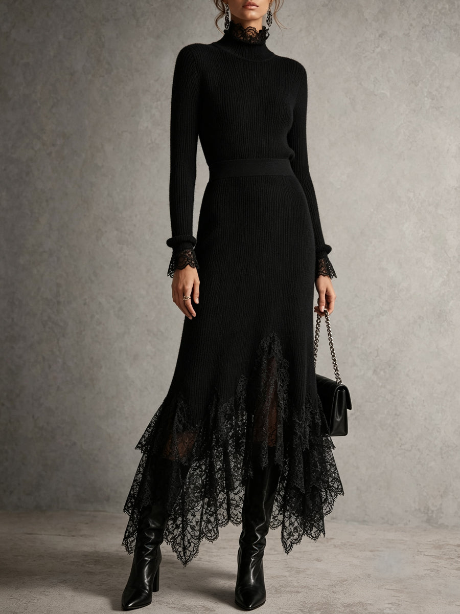 Black Lace Trim Turtleneck Knit Dress