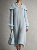 Light Blue Plush Collar Knit Midi Dress