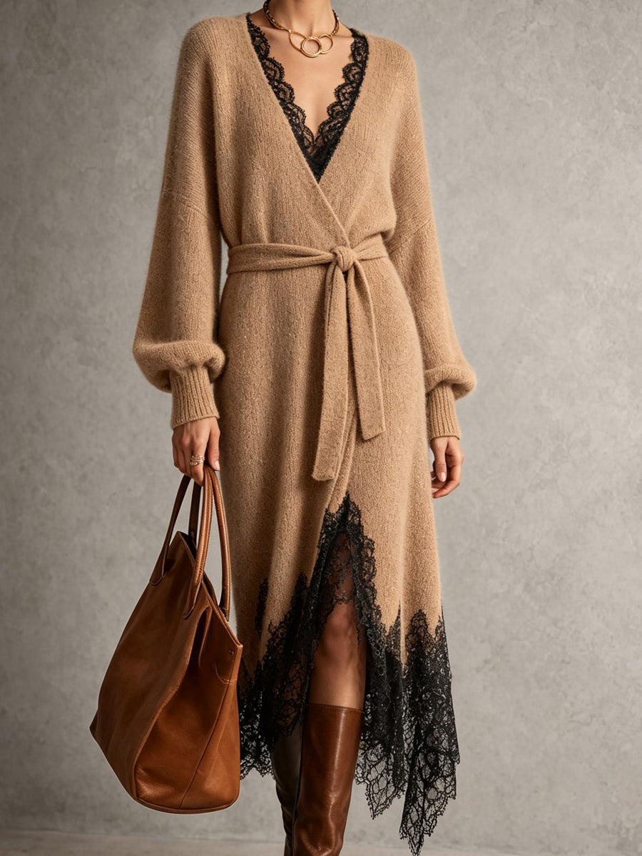 Camel Wrap Front Lace Hem Knit Dress