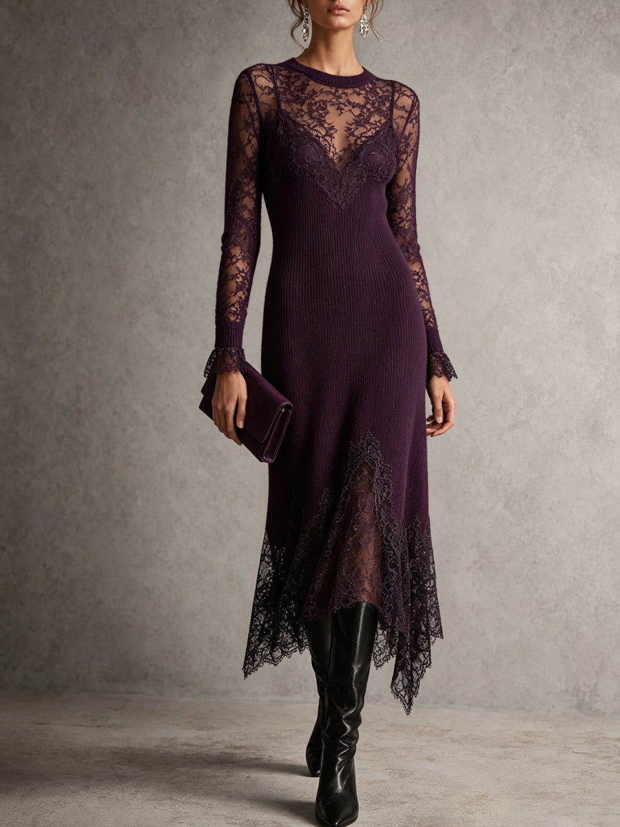 Plum Floral Lace Knit Maxi Dress