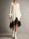 Cream V-Neck Black Lace Trim Knit Dress