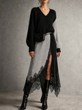 Black Grey Two-Tone Lace Slit Knit Dress