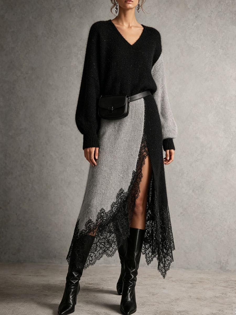 Black Grey Two-Tone Lace Slit Knit Dress