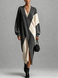 Grey Cream Color Block Wrap Midi Dress