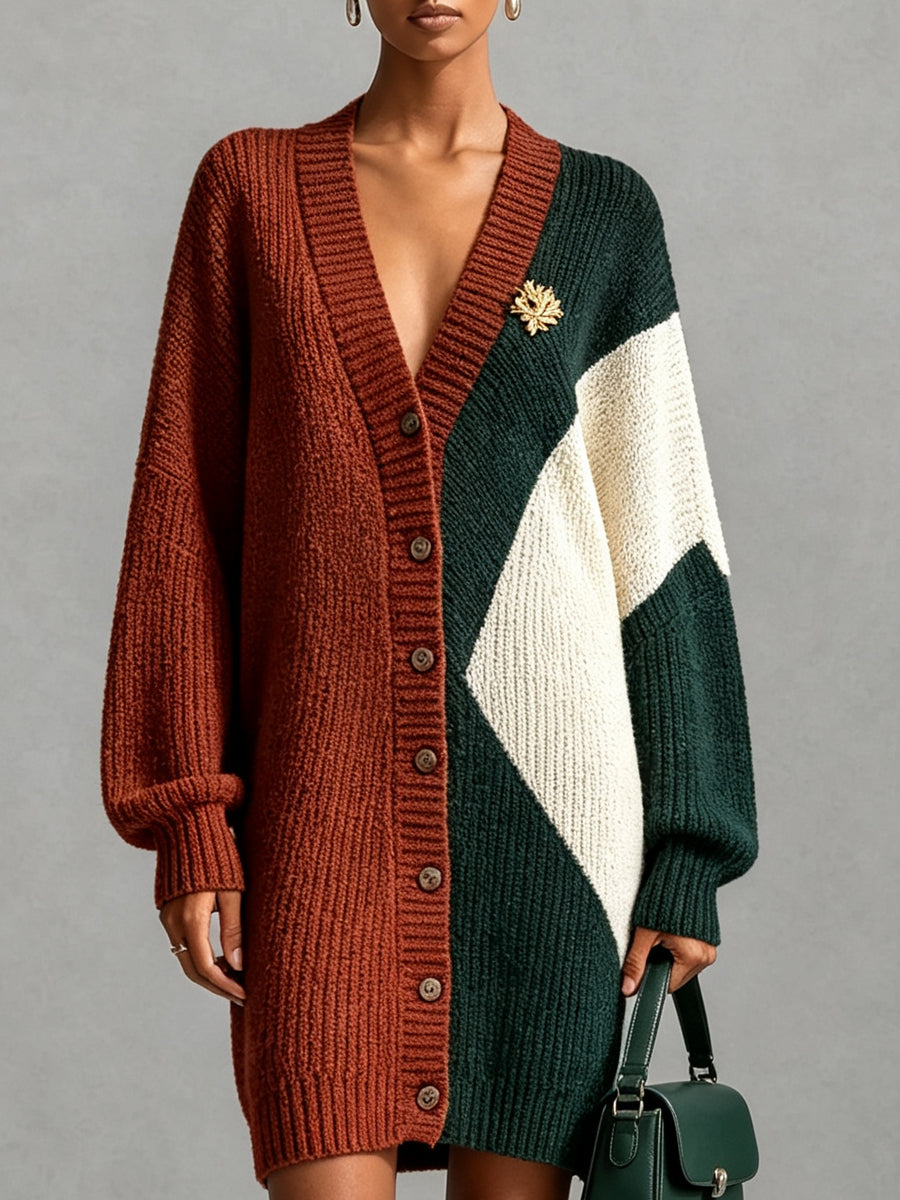 Rust Green Cream Color Block Cardigan Dress