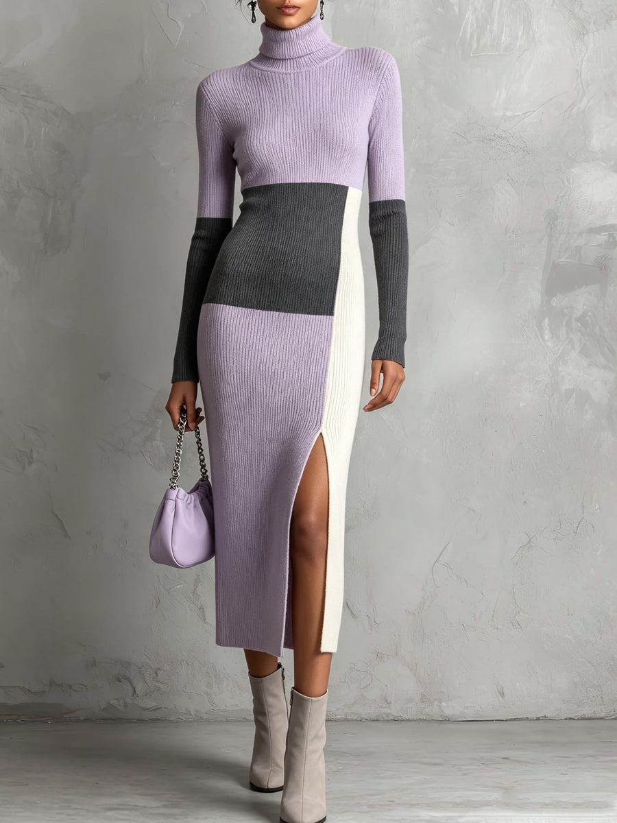 Lavender Grey Color Block Turtleneck Maxi Dress