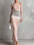 Pink Grey Sheer Cutout Knit Maxi Dress