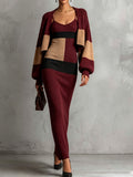 Burgundy Tan Cardigan Skirt Set