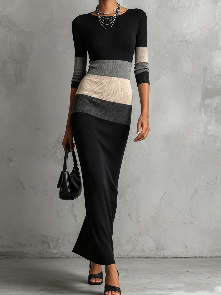 Black Cream Striped Knit Maxi Dress