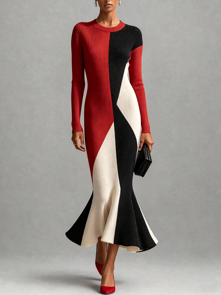 Red Black Color Block Mermaid Dress
