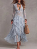 Light Blue Lace Ruffle Maxi Dress
