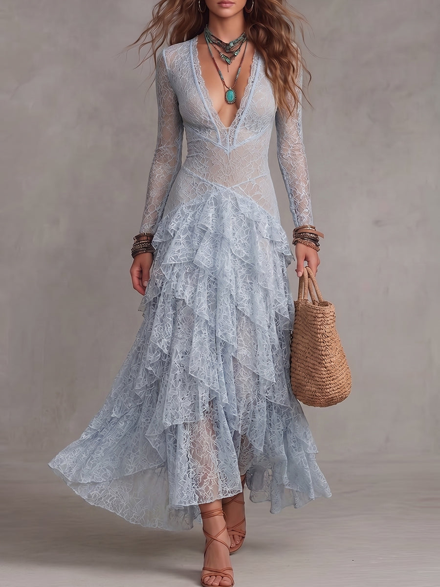 Light Blue Lace Ruffle Maxi Dress