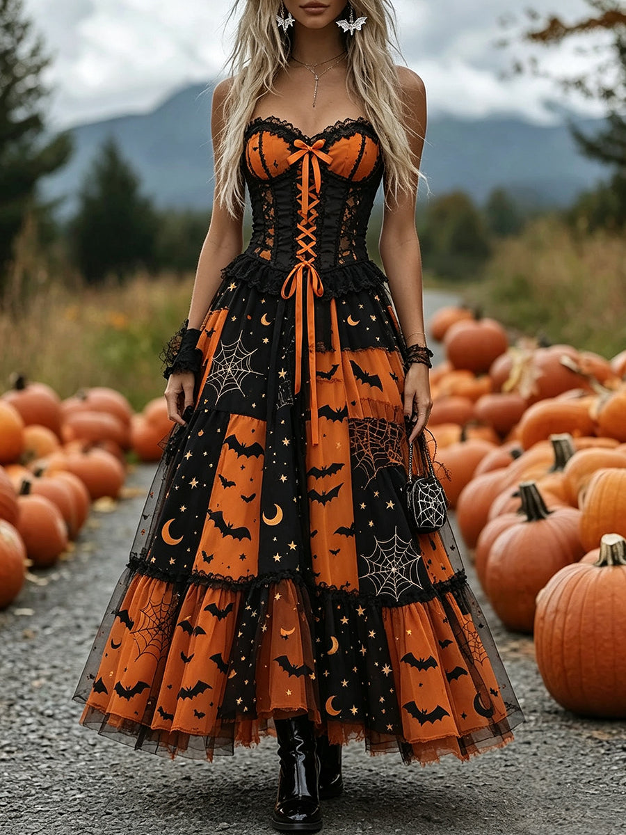 Orange Black Bats Lace Up Maxi Dress