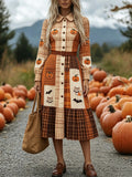 Orange Patchwork Pumpkin Plaid Shirt Dress