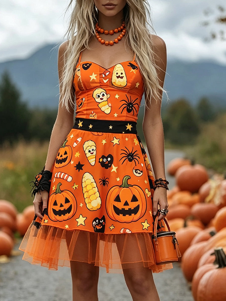 Orange Kawaii Ghost Tulle Mini Dress