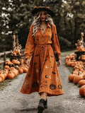 Orange Halloween Embroidered Shirt Dress