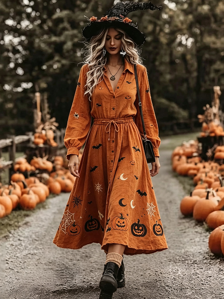 Orange Halloween Embroidered Shirt Dress