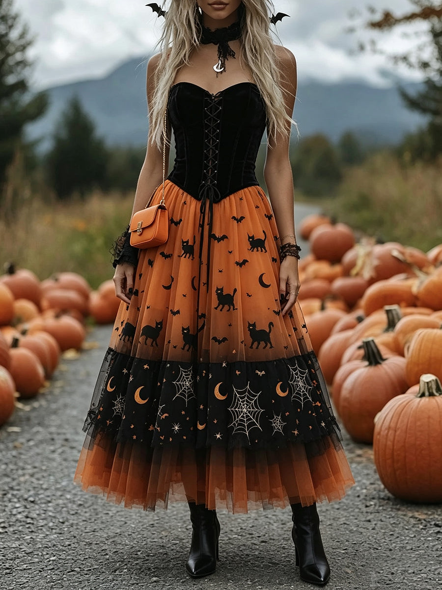 Orange Black Patchwork Tulle High-Low Dress