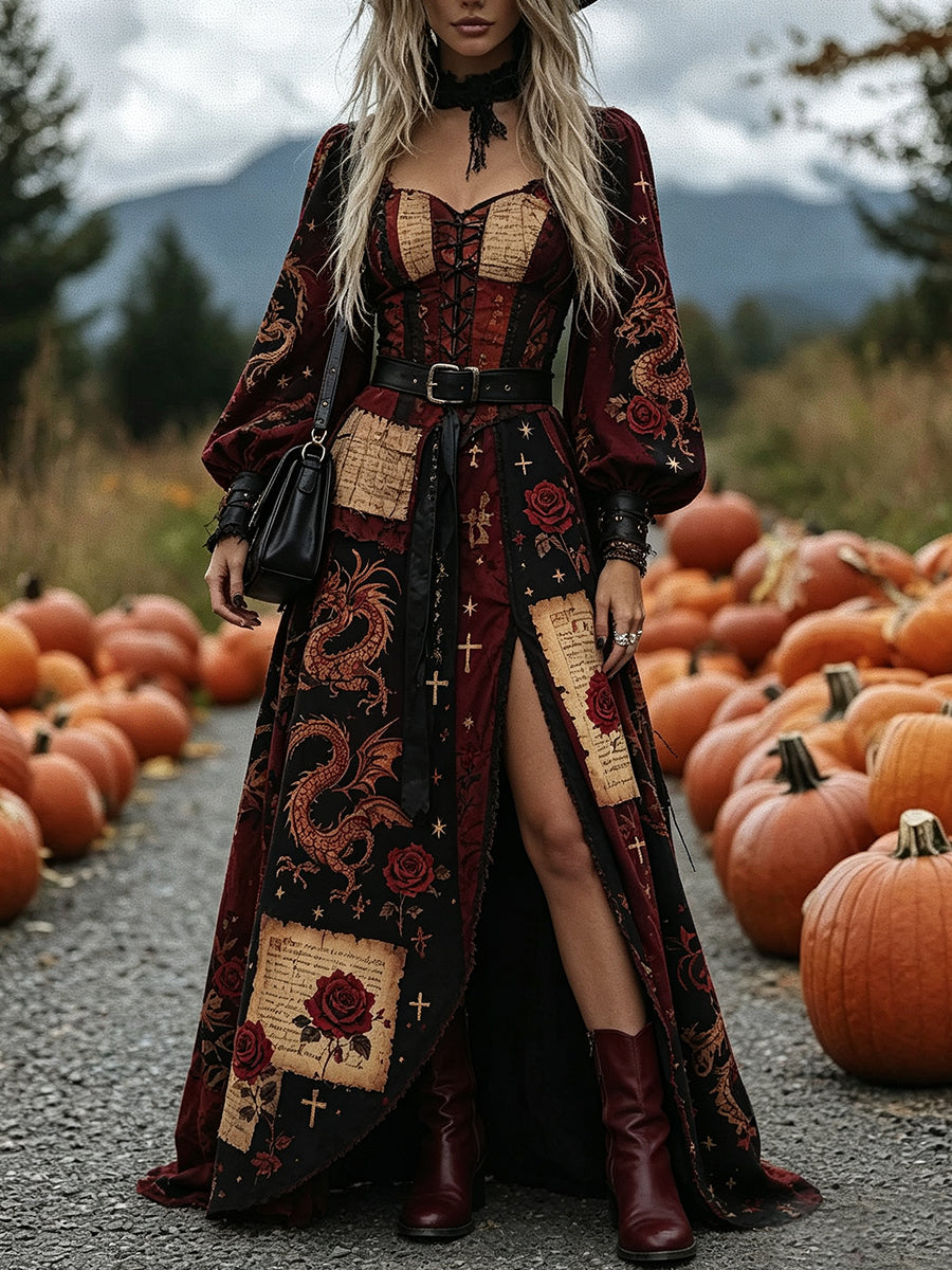 Black Red Dragon Rose Slit Maxi Dress