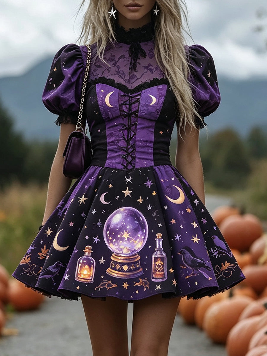 Purple Crystal Ball Puff Sleeve Mini Dress