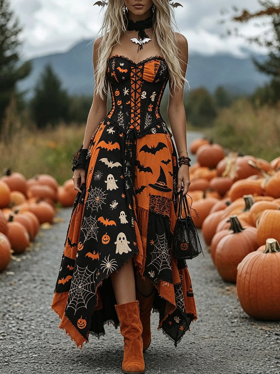 Orange Black Corset Witch High-Low Dress