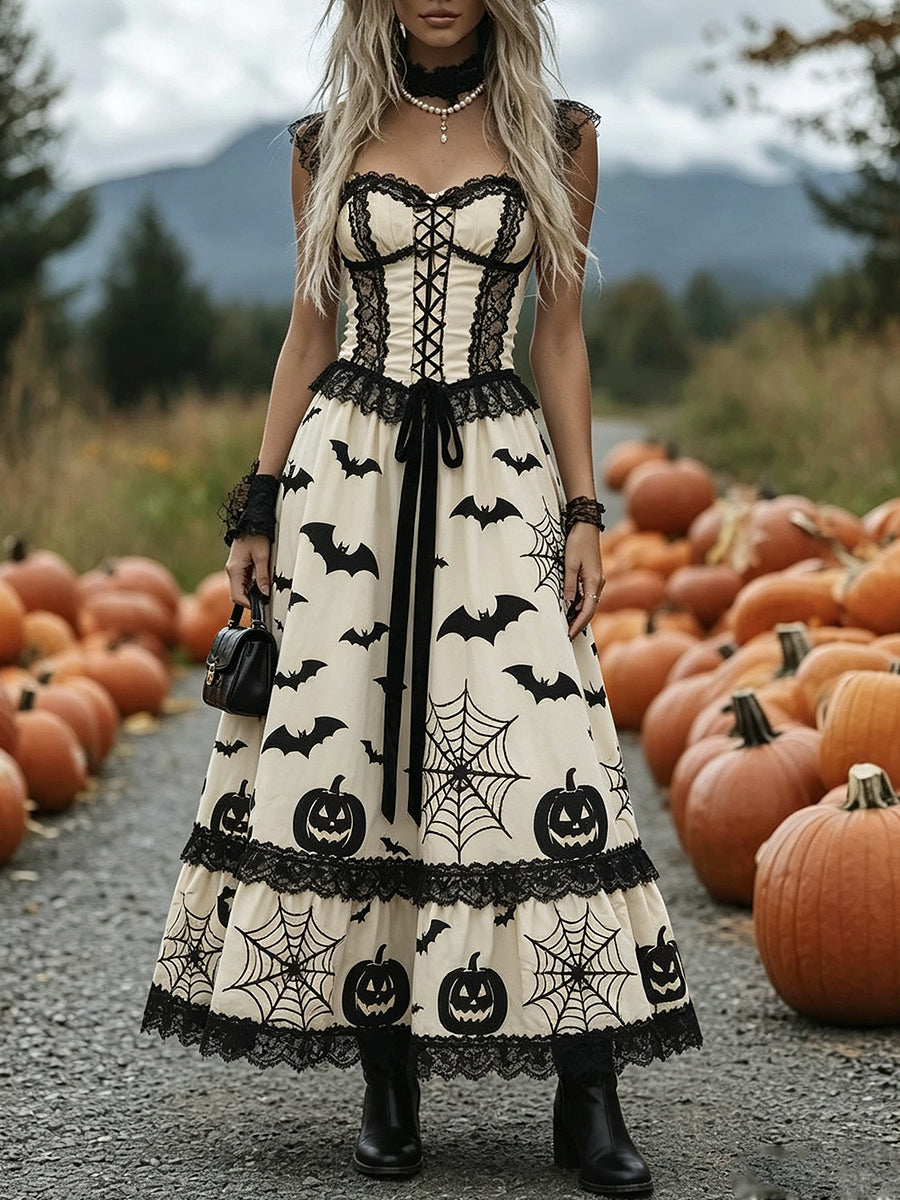Cream Black Halloween Bat Corset Maxi Dress