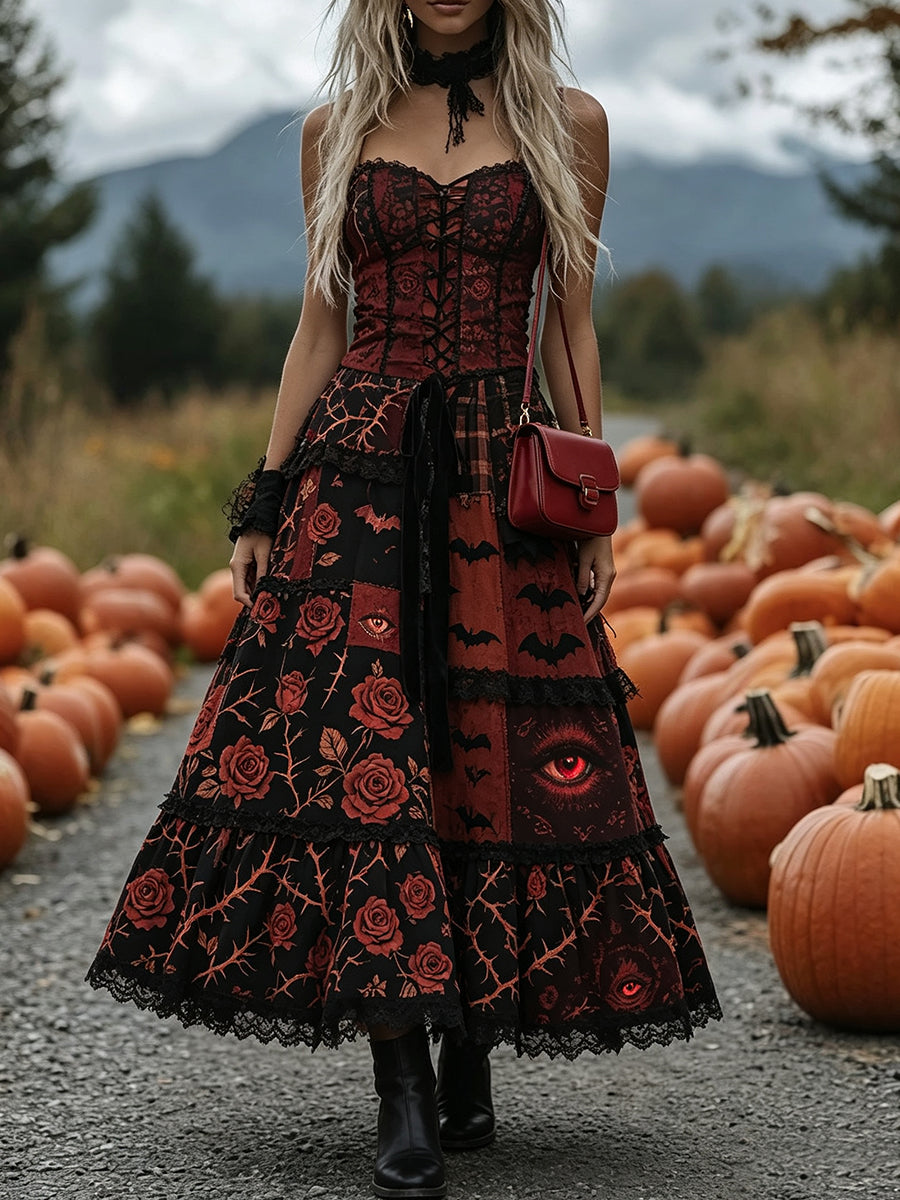 Black Red Roses Eye Corset Maxi Dress