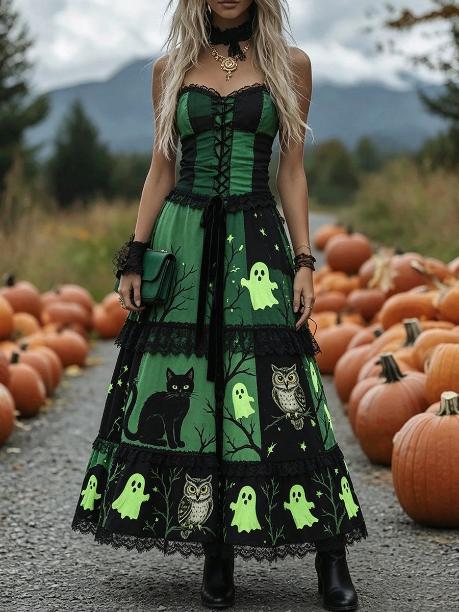 Green Black Halloween Ghosts Corset Maxi Dress