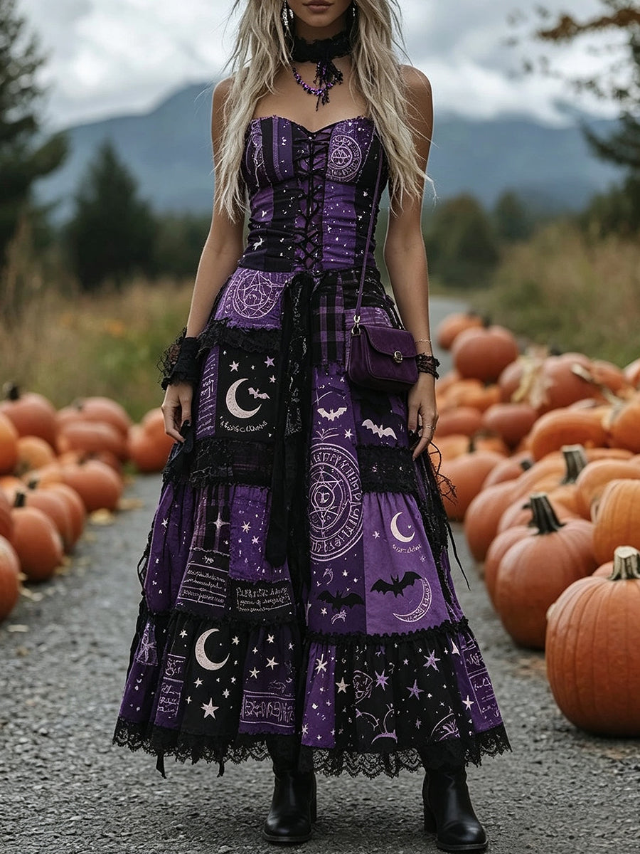 Purple Black Mystical Celestial Corset Maxi Dress