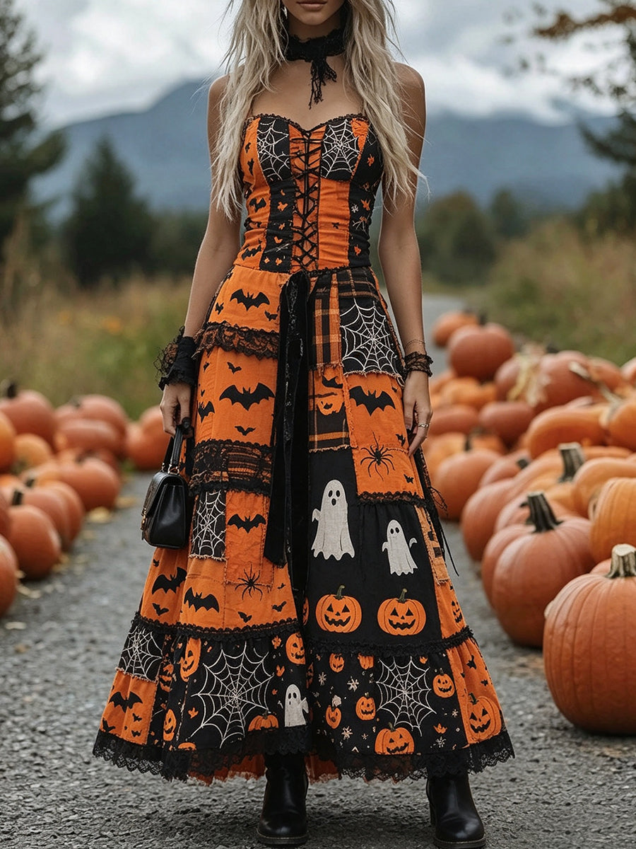Orange Black Patchwork Halloween Corset Maxi Dress