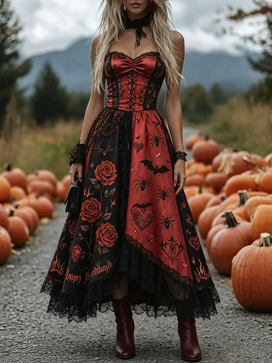 Red Black Happy Halloween Lace Corset Dress