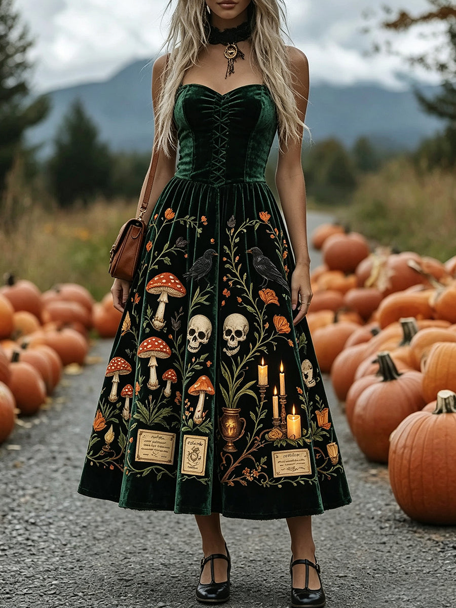 Green Skull Mushroom Velvet Corset Dress
