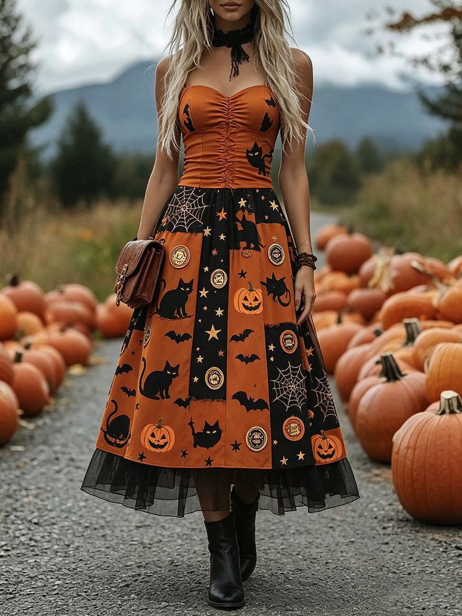 Orange Black Cat Tulle Corset Dress