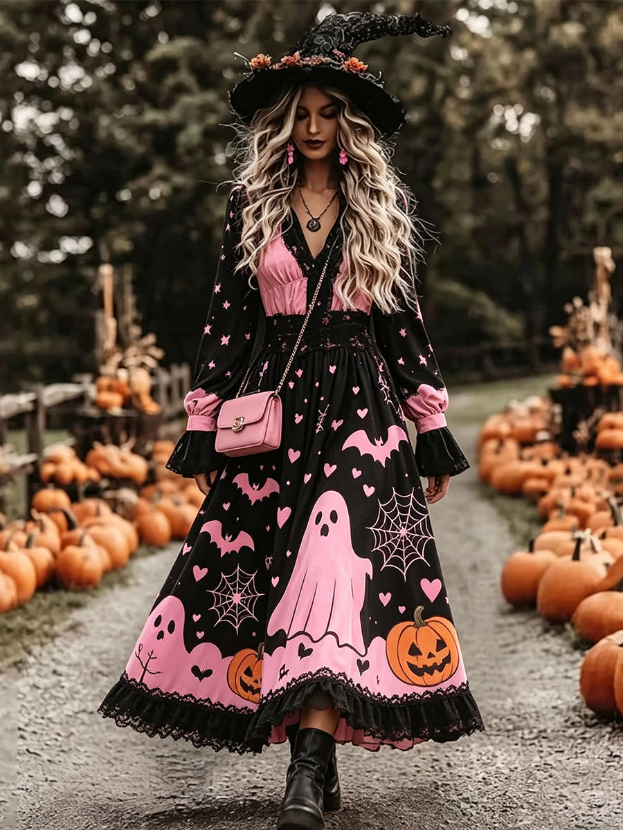 Pink Black Ghost Halloween Long Sleeve Dress