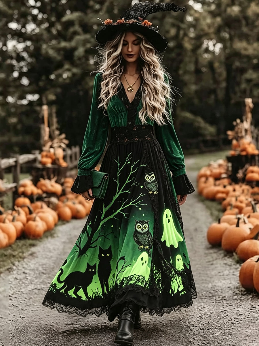 Green Black Owl Cat Velvet Maxi Dress