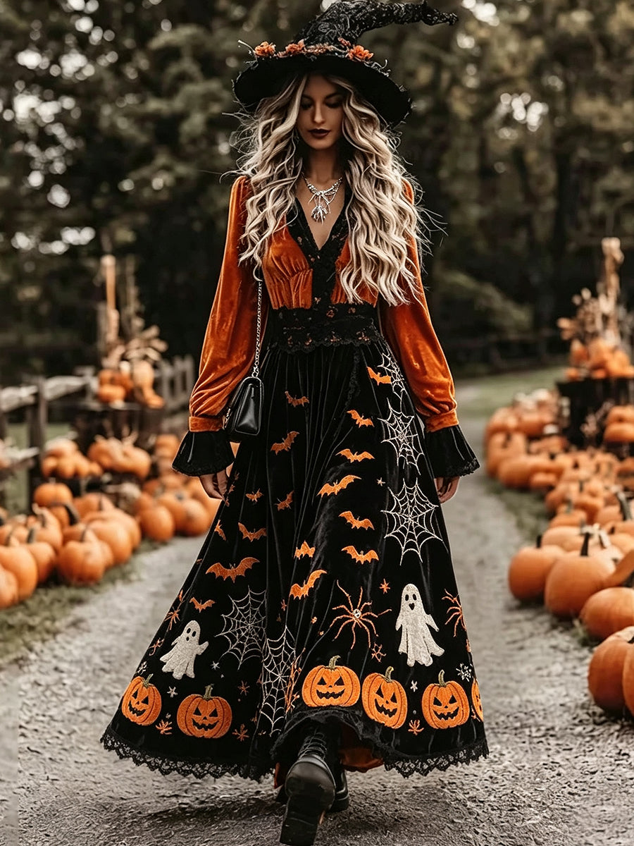 Orange Black Bats Pumpkin Velvet Maxi Dress