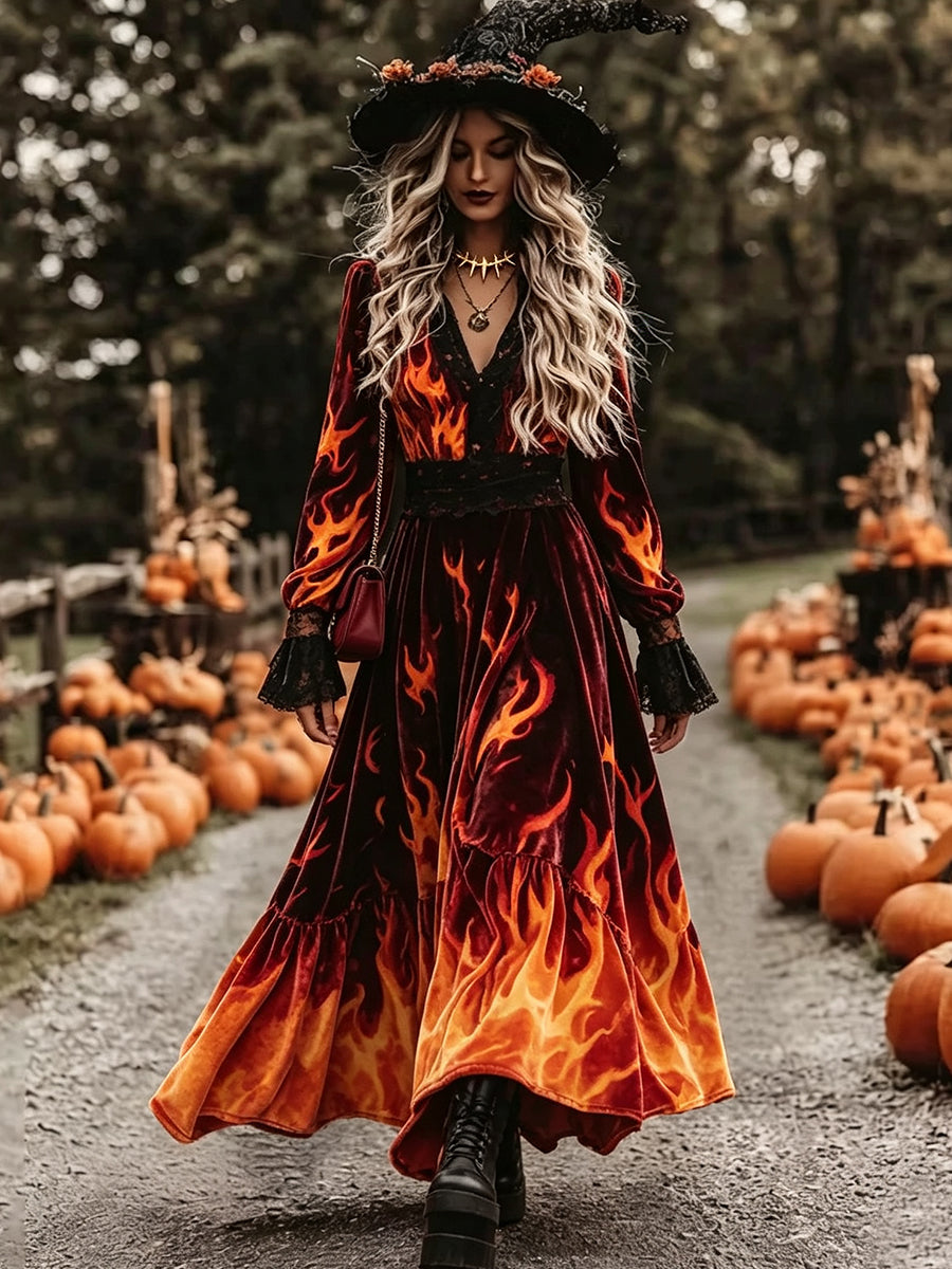 Orange Flame Print Velvet Maxi Dress