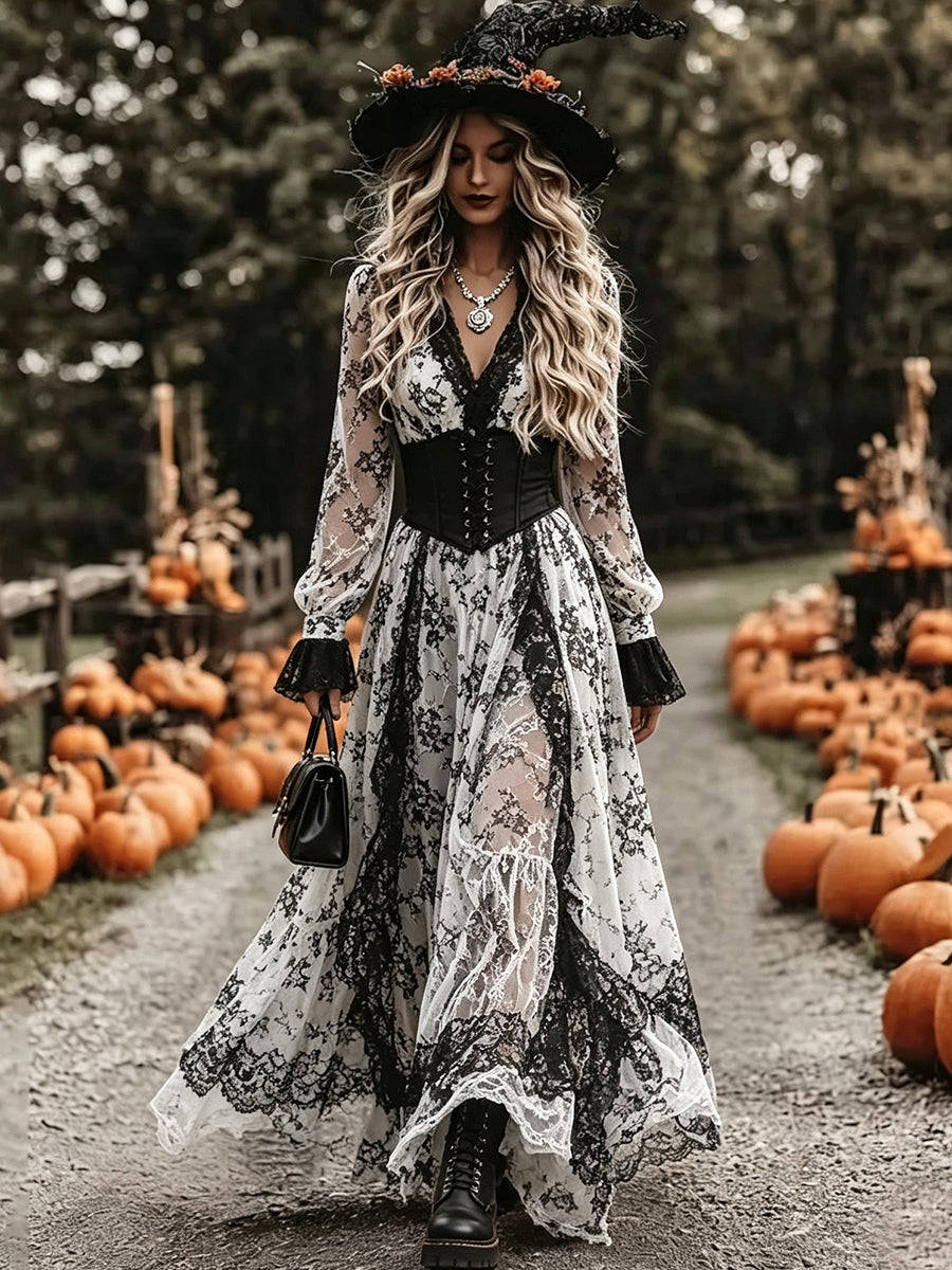 Black White Floral Lace Corset Maxi Dress