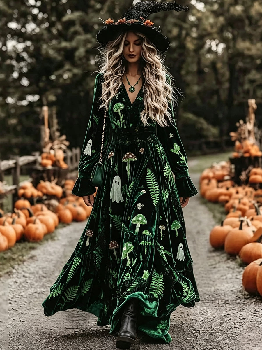 Green Mushroom Velvet Maxi Dress