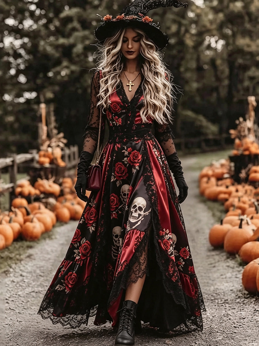 Red Black Rose Skull Lace Maxi Dress