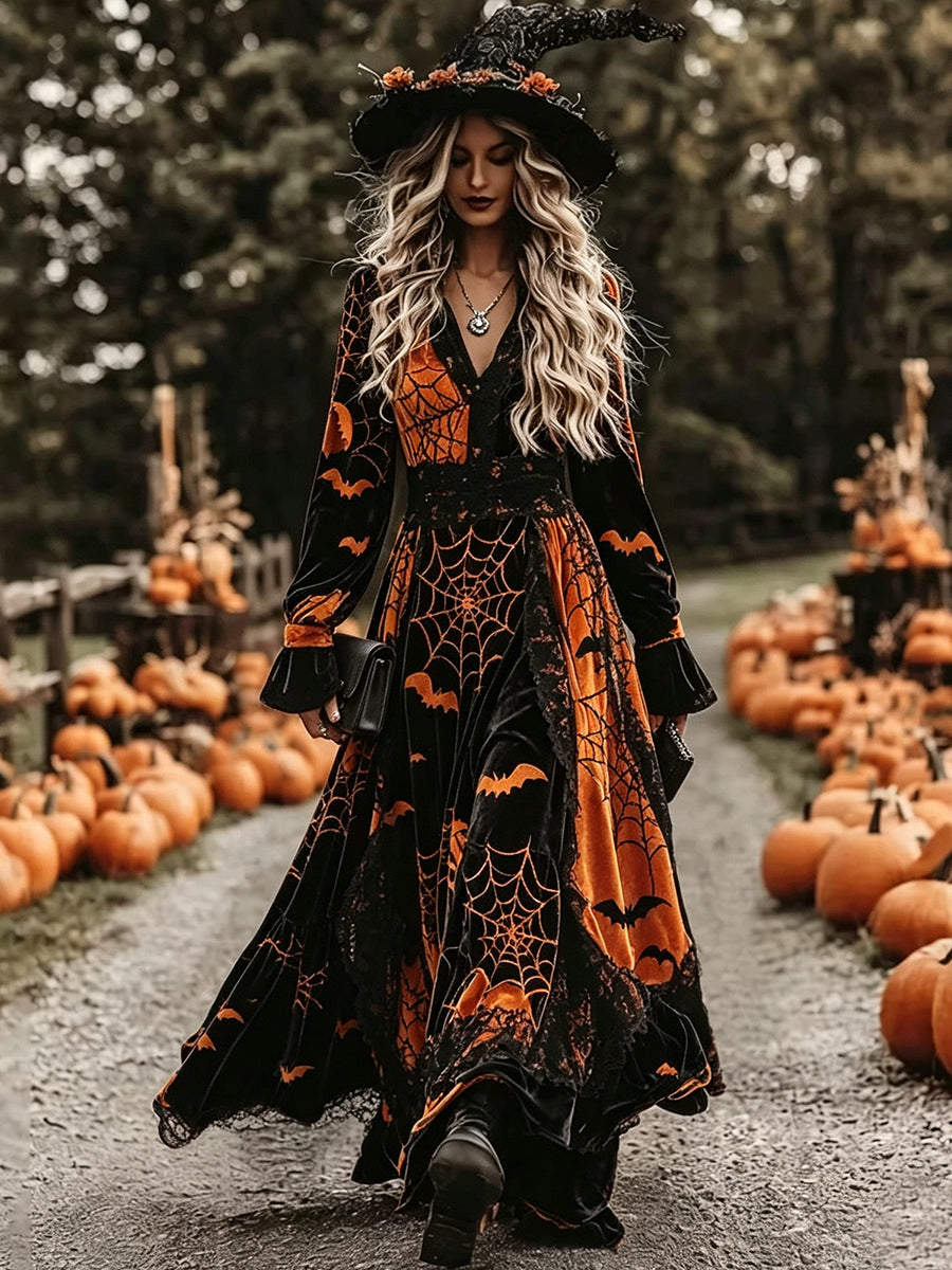 Orange Black Velvet Bat Maxi Dress