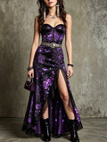 Purple Black Floral High Slit Maxi Dress