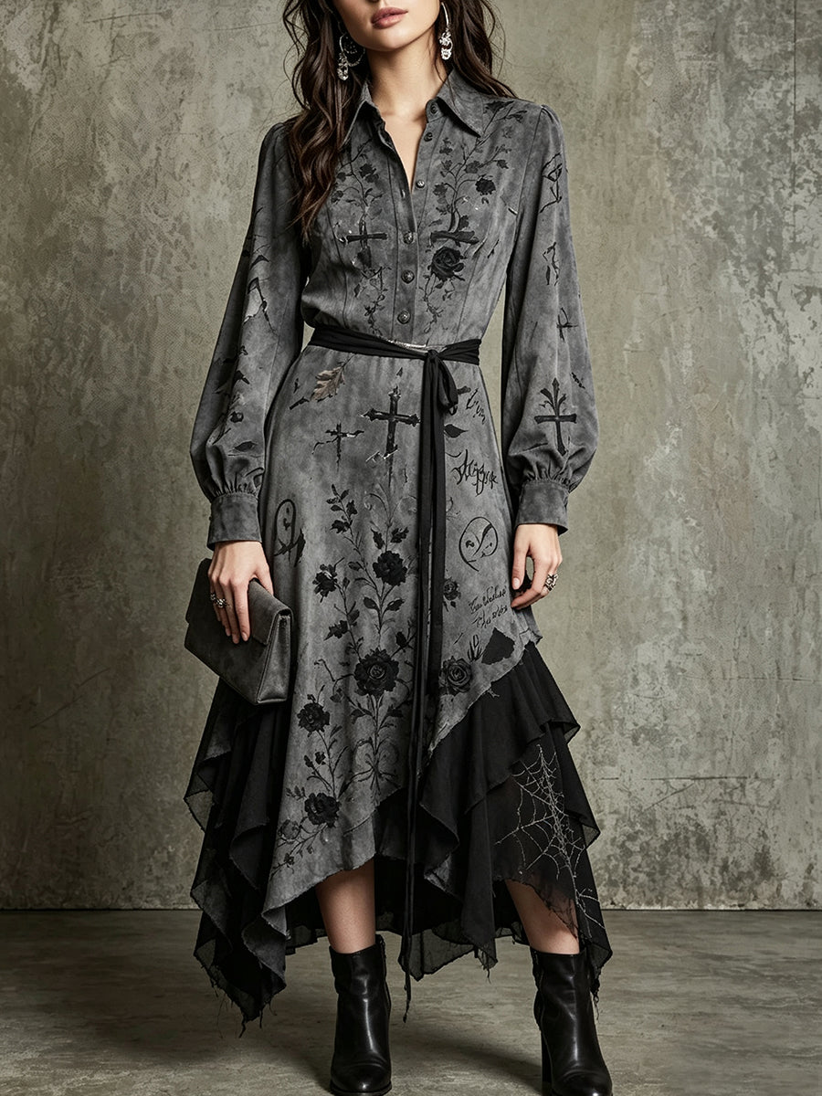Grey Black Rose High-Low Shirt Dress