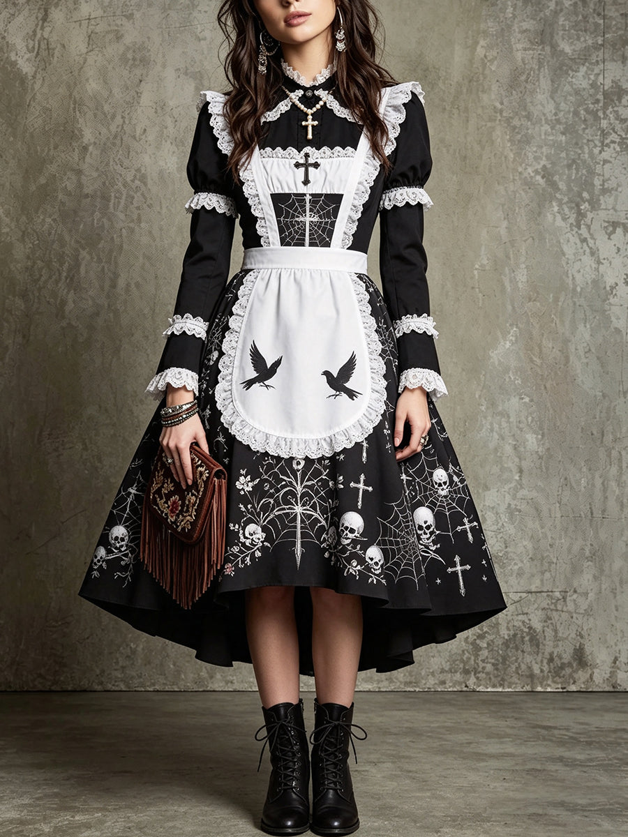 Black White Lace Apron Hi-Low Dress