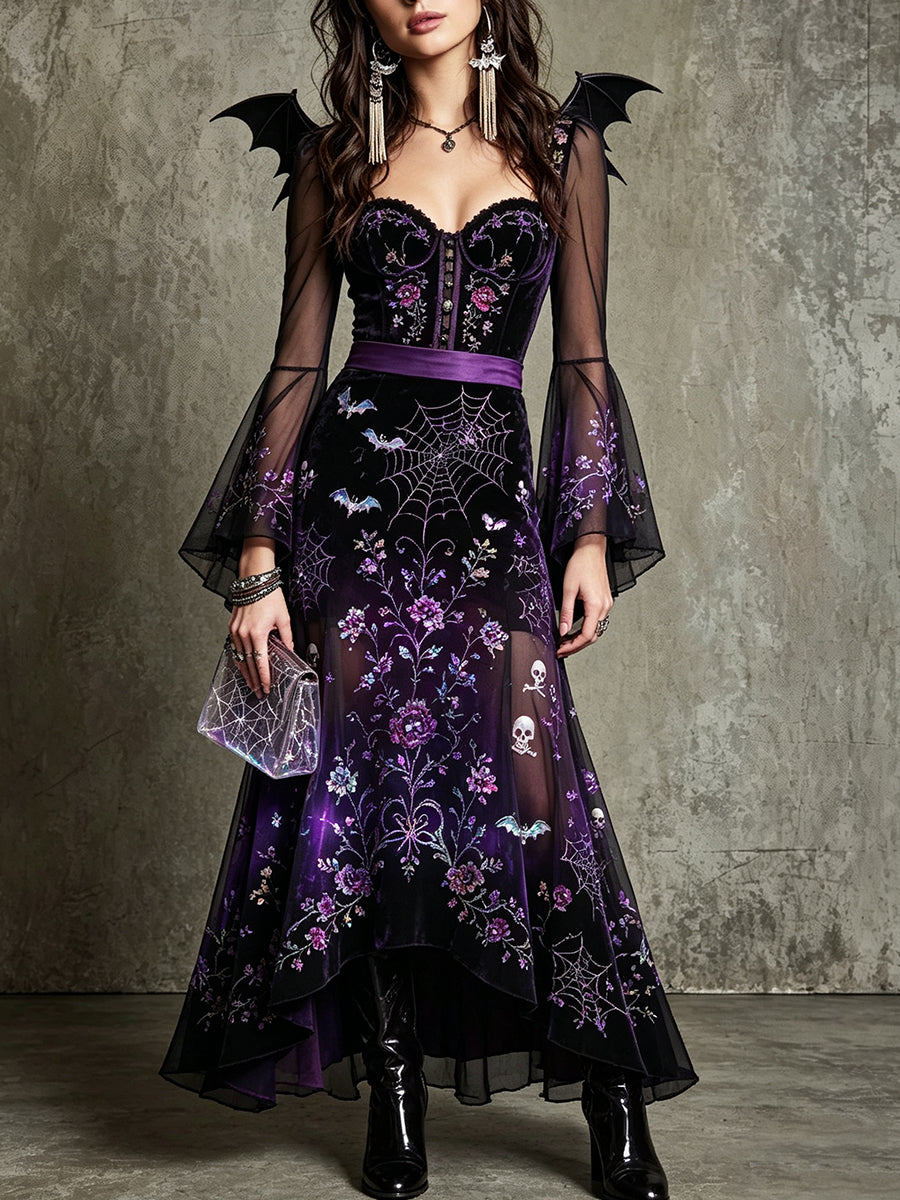 Purple Black Bat Wing Sheer Dress